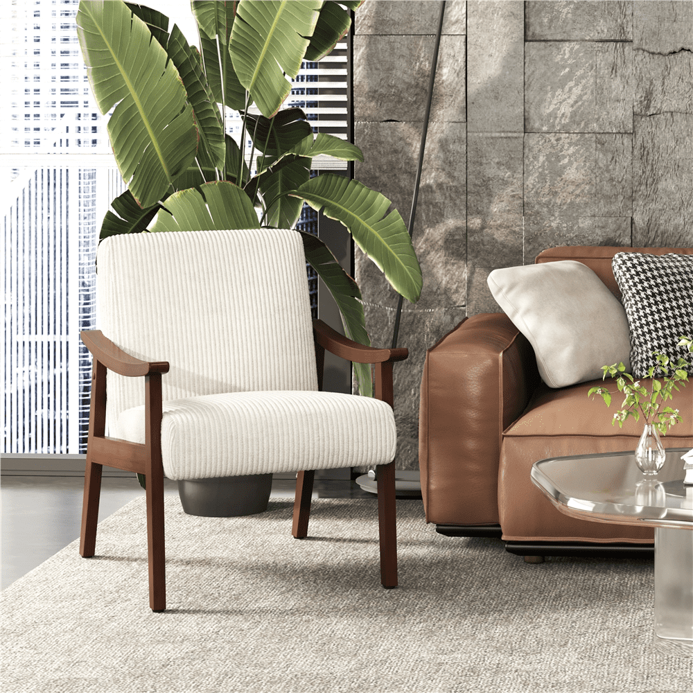 Renwick Set of 2 Corduroy Fabric Armchairs with Solid Wood Legs, Beige