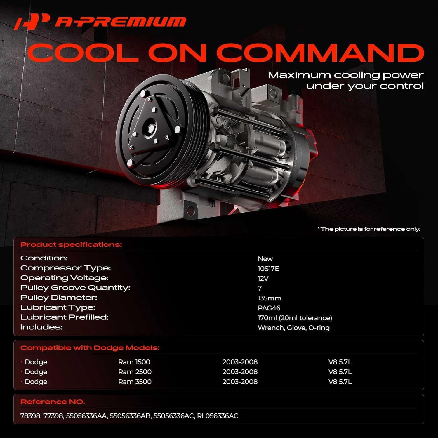 A-Premium AC Compressor with Clutch Compatible with Dodge 1500 2500 3500 2003-2008 Ram 4000 2005-2008
