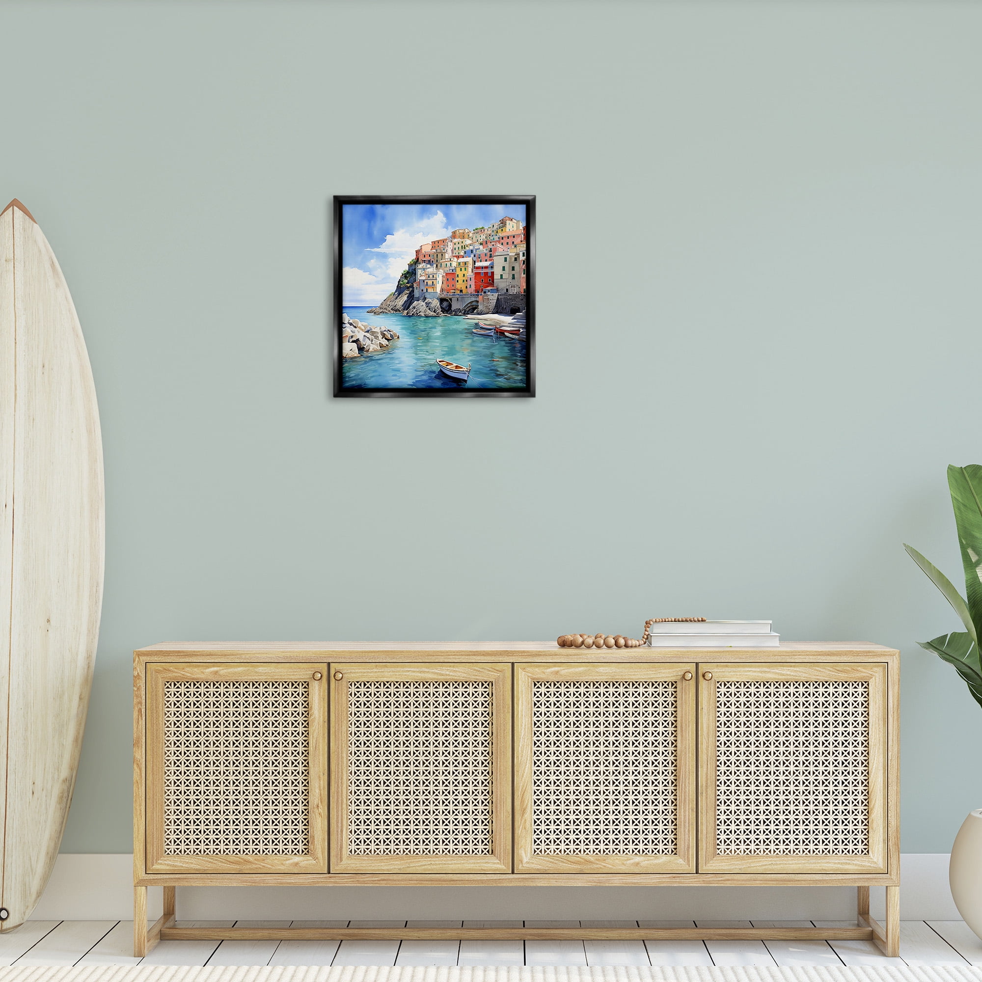 Stupell Industries Cinque Terre Port Transportation Painting Black Floater Framed Canvas Art Print Wall Art, 25 x 25