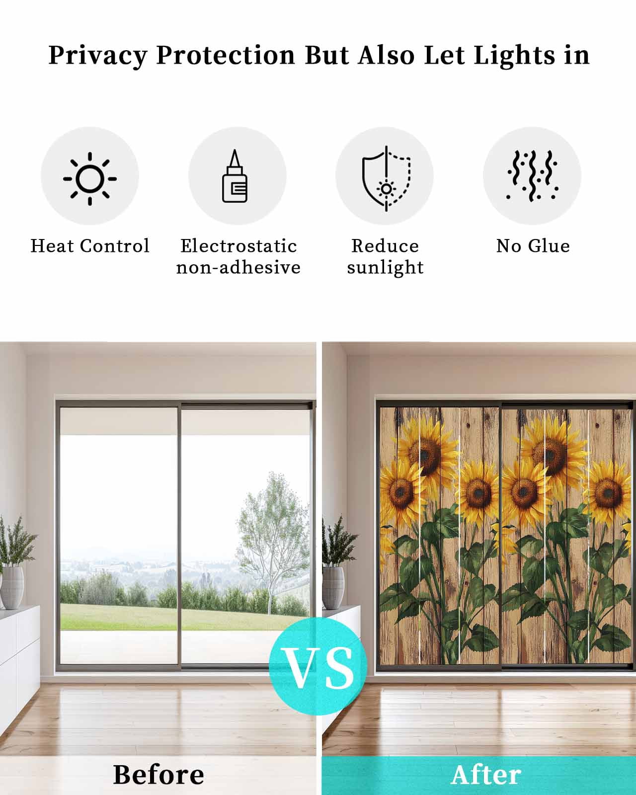 Window Privacy Film Vintage Sunflower Stained Glass Window Film Decorative Sun Block Window Cover Farmhouse Vintage Wooden Floral Window Clings Static Adhesive Sticker for Bathroom 23.6"x59"
