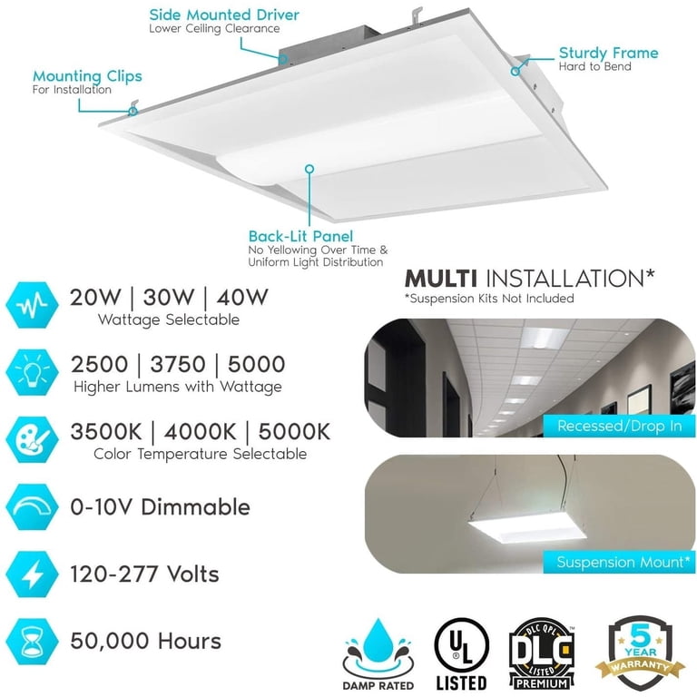 2x2 FT LED Troffer Panel Light 4-Pack - 20/30/40W Selectable, 3000K/4000K/5000K Tunable, Dimmable, Drop Ceiling, DLC Premium 2 thumbnail image