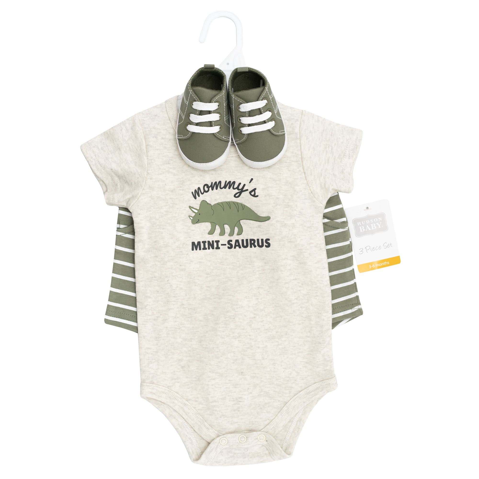 Hudson Baby Boy Cotton Bodysuit, Shorts and Shoe Set, Sage Dino, 6-9 Months