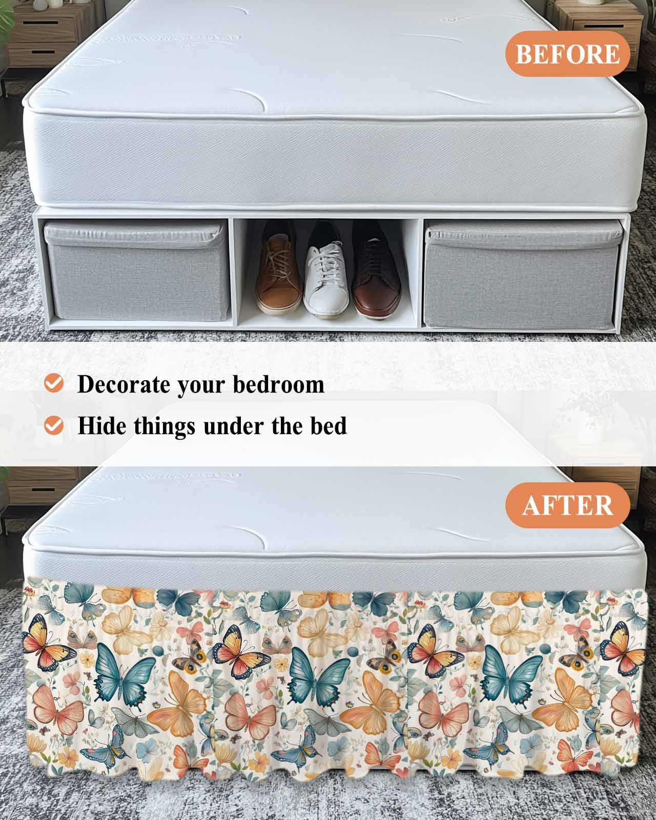 Butterfly Wrap Around Bed Skirts for Queen Bed 16" Drop,Bed Skirt with Adjustable Elastic Belt Dust Ruffle Bed Valance for Bedroom Hotel Retro Spring Leaves Country Aesthetic Flower Bed Frame Cover