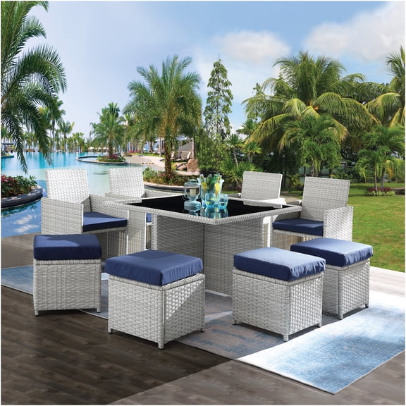 JERFIT 9-Piece Patio Dining Set with Tempered Glass Table, 4 Chairs & Ottomans, All-Weather Wicker and Blue Fabric for Garden, Balcony, Bistro