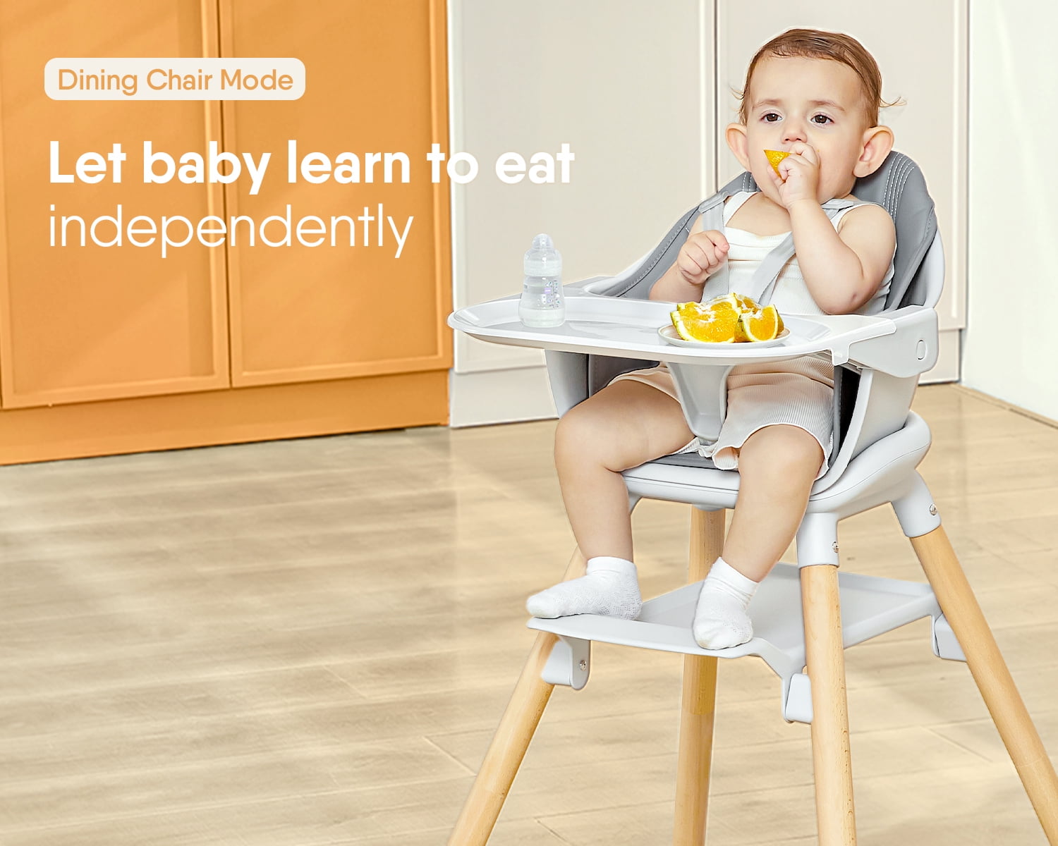 Babyomi Convertible High Chair for 2 Babies, 11-in-1 Wooden Booster with Double Easy-Clean Trays & PU Cushion,Gray