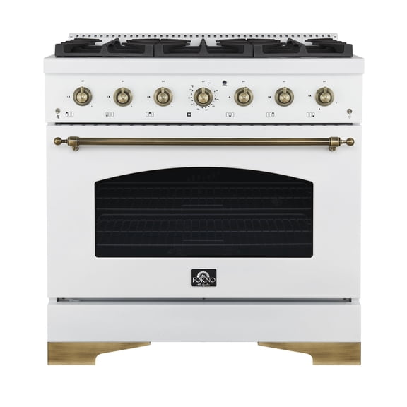 Forno Antico 36-Inch Freestanding Gas Range, White, Antique Brass Design, 6 Burners, Convection Oven