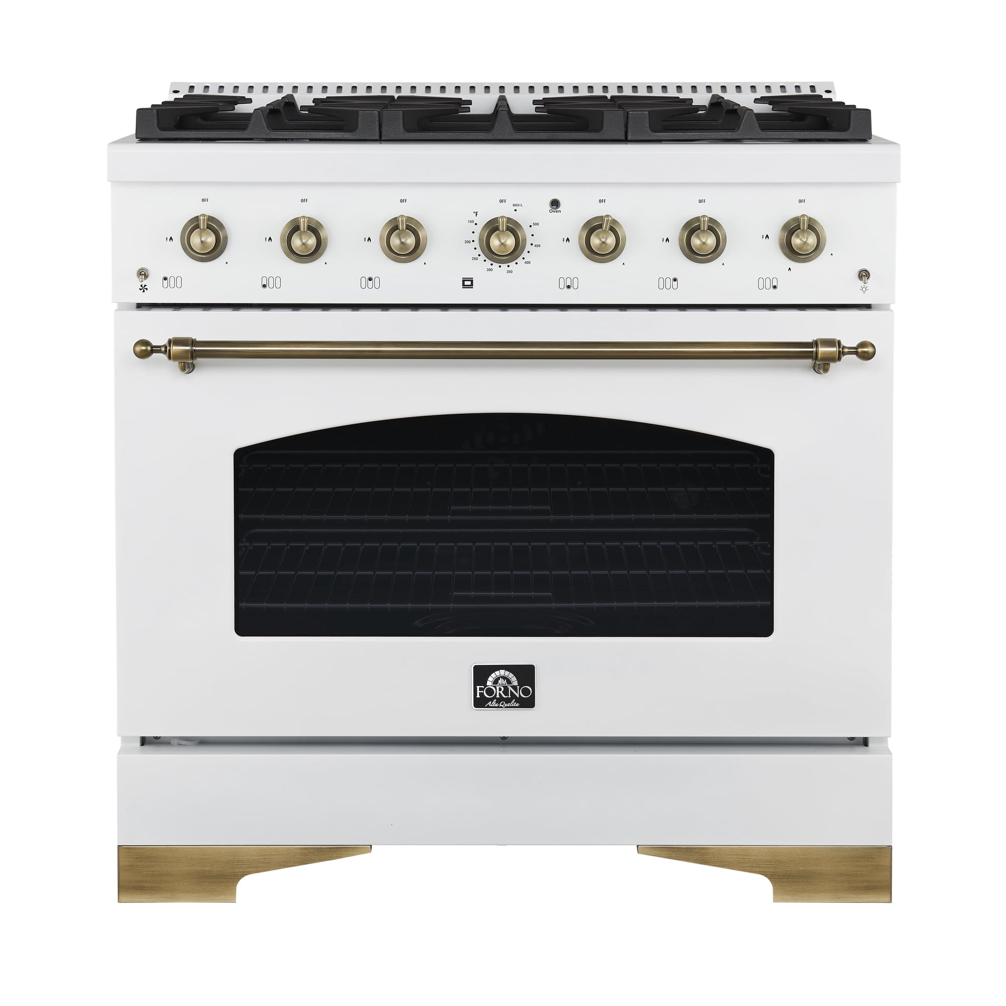 Forno Antico 36-Inch Freestanding Gas Range, White, Antique Brass Design, 6 Burners, Convection Oven
