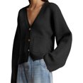 thumbnail image 3 of Women's Deep V Neck Cardigan Sweater Button Front Long Sleeve Short Knitted Jacket with Pockets, 3 of 5