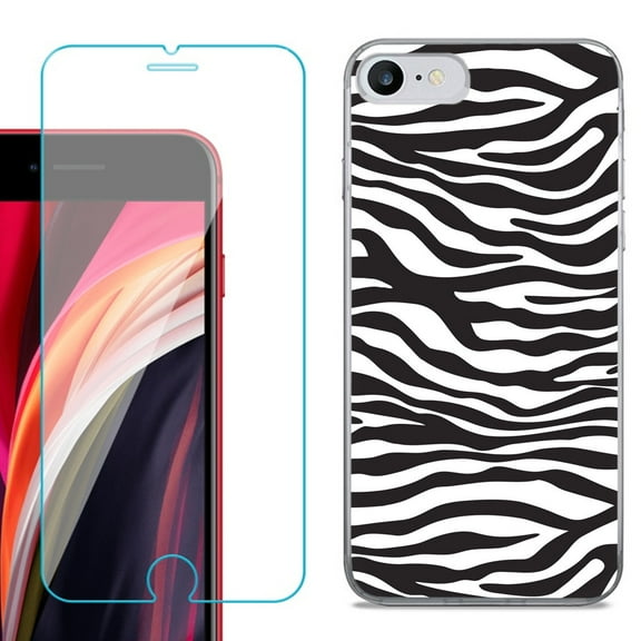 Slim-Fit Fashion Gel Phone Case for iPhone SE 2022, with Tempered Glass Screen Protector, by OneToughShield ® - Zebra B/W