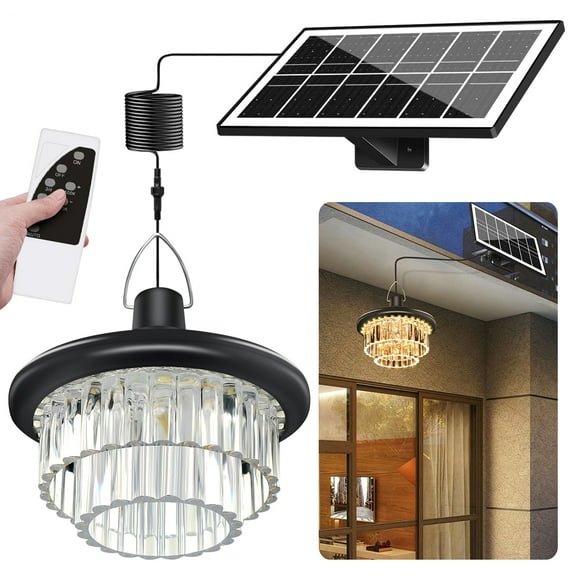 Solar Shed Lights Crystal Solar Chandelier Outdoor Light, Waterproof Pendant Lamp with Remote Control for Barn, Gazebo, Garden, Patio (16.4FT Cord)