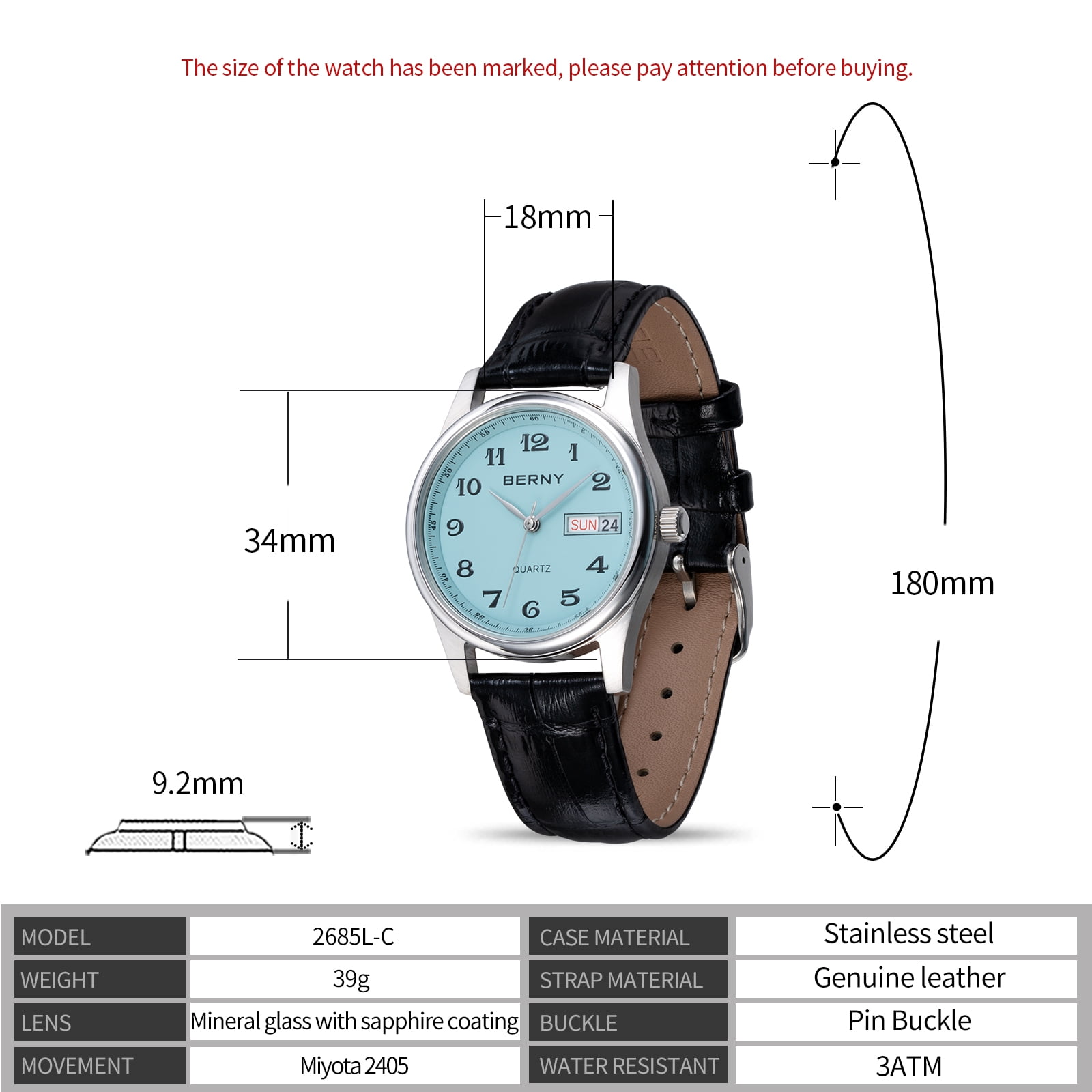 BERNY Quartz Watch for Women Classic Arabic Numerals Easy to Read Dress Womens Wrist Watch with Leather Strap, 3ATM Waterproof Day & Date Calendar Gift watch -Light Blue Dial