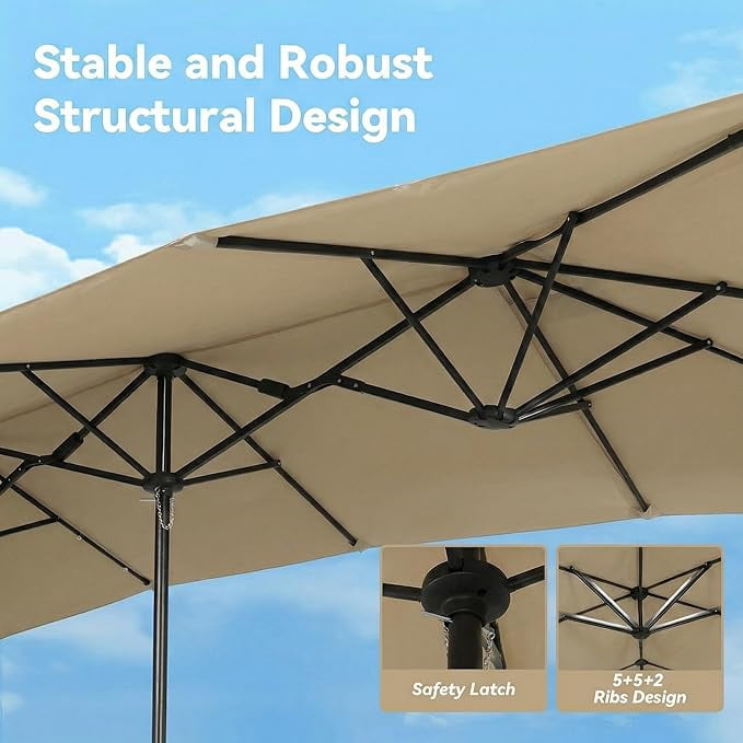 15×15ft Outdoor Patio Umbrella, Double Sided Market Rectangle Umbrella with Crank Handle, Large Sun Shade for Outside Deck, Backyard, Garden（Beige）