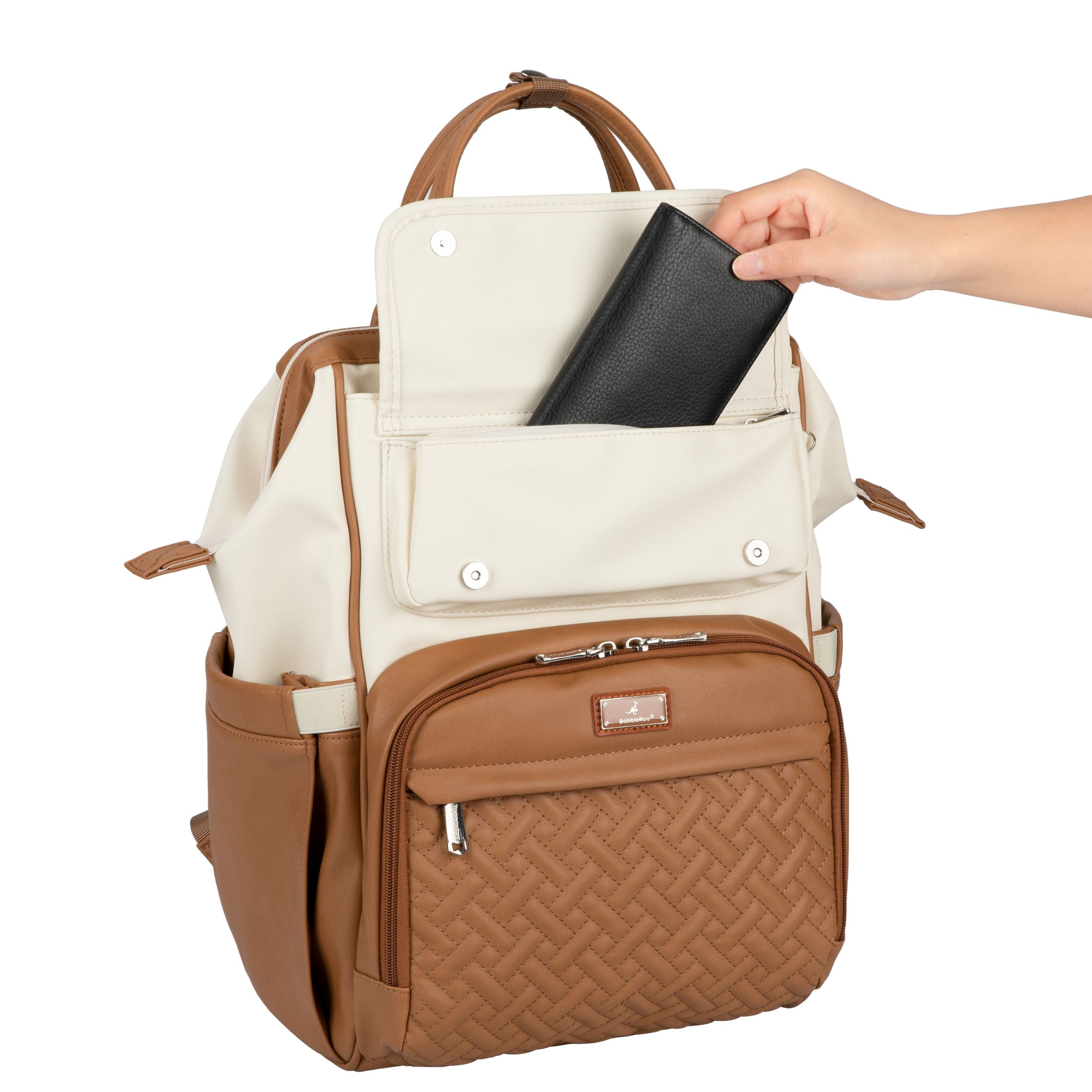 BabbleRoo Widetop Waterproof Diaper Backpack with Insulated Bottle Pockets, Vegan leather- Caramel Cream
