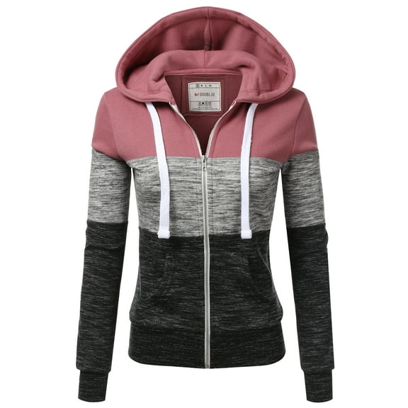 Doublju 3 Color Block Fleece Basic Zip-Up Hoodie Jacket