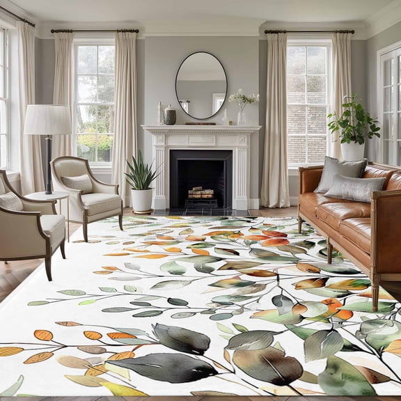 6'x9' Area Rugs, Orange Green Eucalyptus Leaves Indoor Outdoor Area Rug for Living Room Bedroom, Fall Botanical Watercolor Washable Bathroom Rugs Kitchen Floor Carpet Mats Home Decor Aesthetic