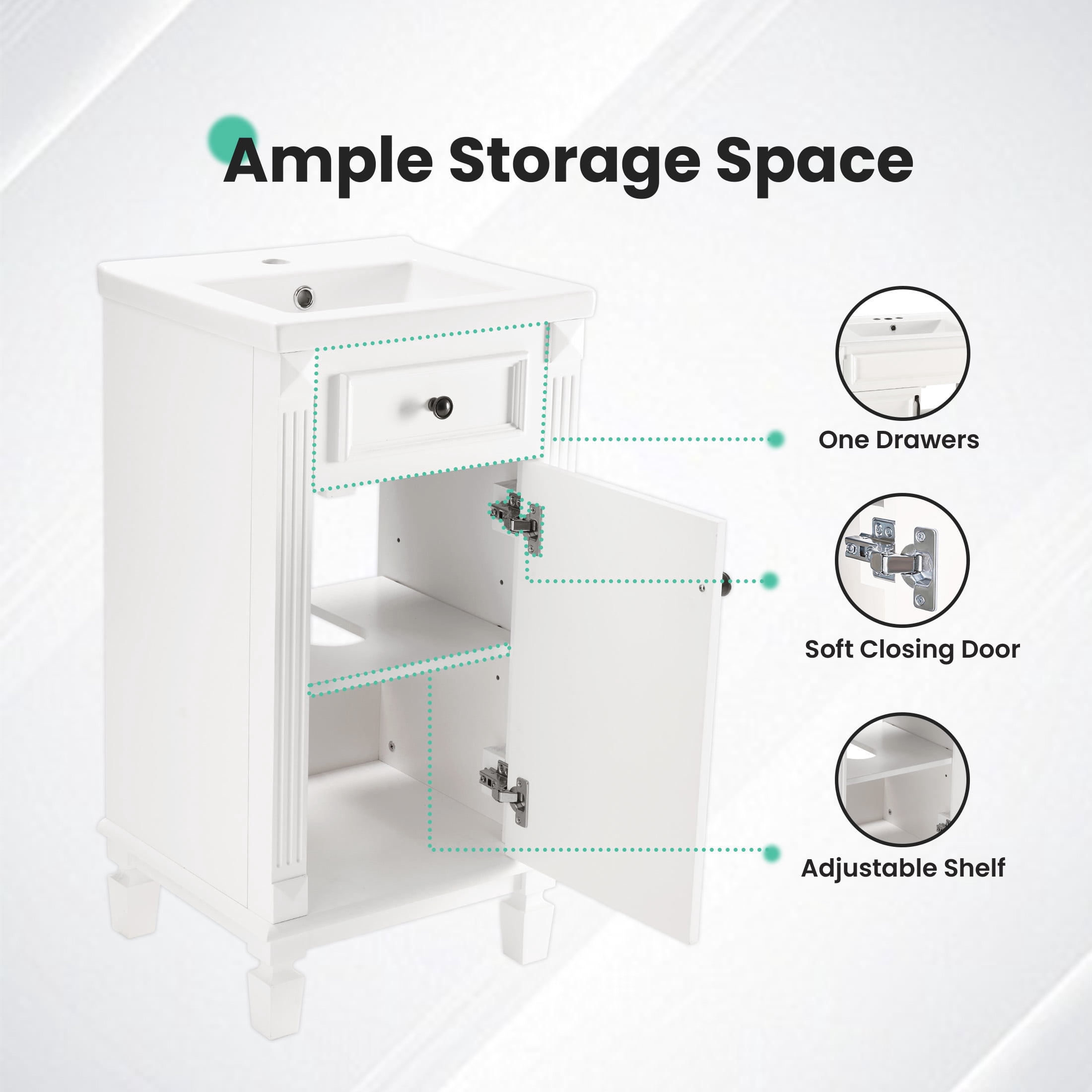 EDX 18-inch Bathroom Vanity Cabinet, Freestanding Modern Cabinet Vanity with Sink, 1 Soft-Closing Door & 1 Drawer,White