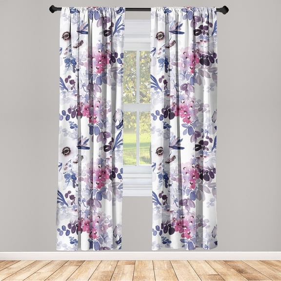 Floral Aquarelle Window Curtains, Winter Palette Garden Flowers Leaves Watercolor Style Print, Lightweight Decor 2-Panel Set with Rod Pocket, Pair of - 28"x84", Dark Lavender Pale Ruby, by Ambesonne