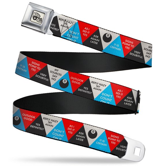 Magic 8 Ball Belt, Seatbelt Buckle Belt, Magic 8 Ball Answer Triangles Black Red Blue White, 30 to 44 Inches