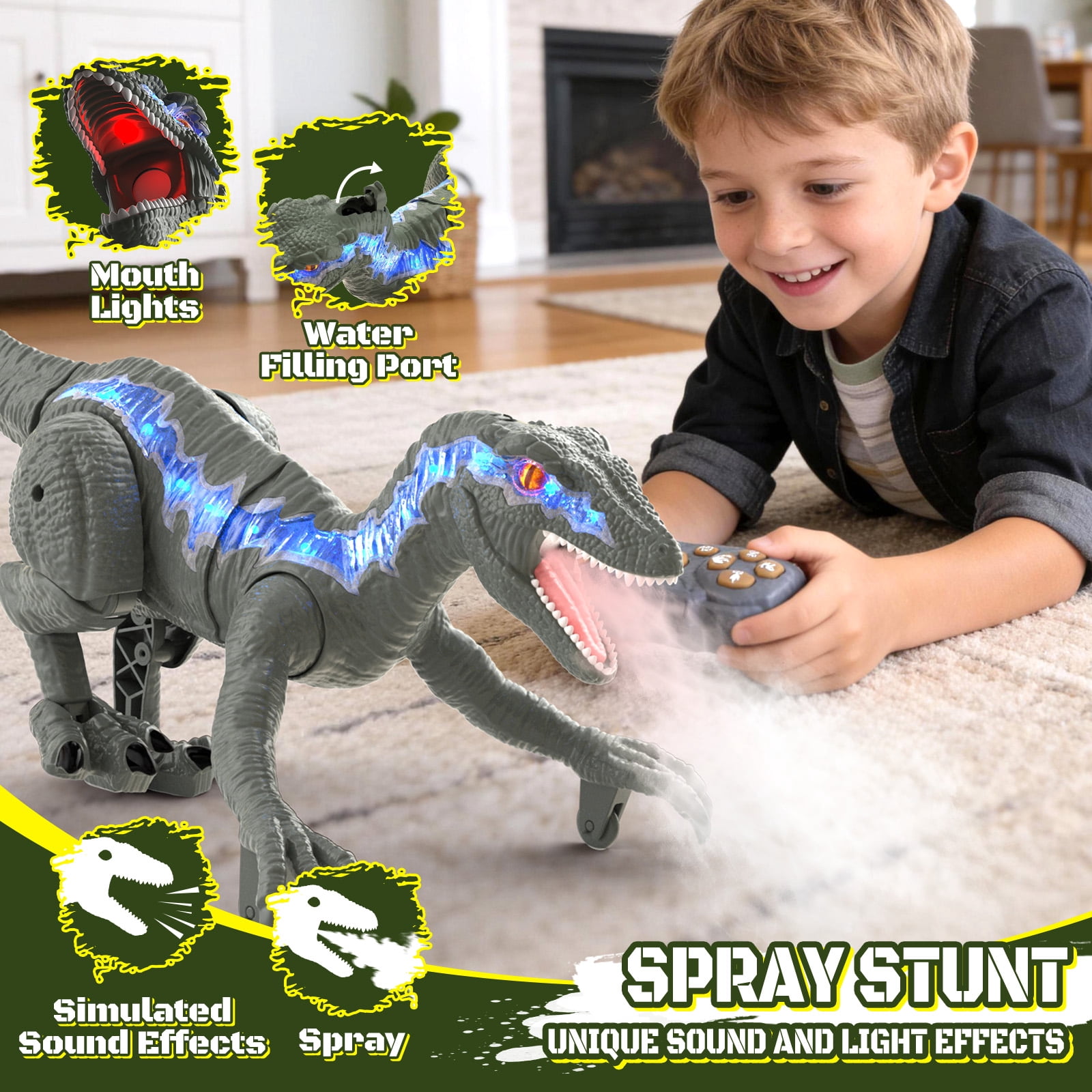 Lvelia Remote Control Dinosaur Toys for Kids,Big Walking Velociraptor Dino with Light and Sound, Birthday Gift Ideas for Boys and Girls 3-12 Year Old,Grey