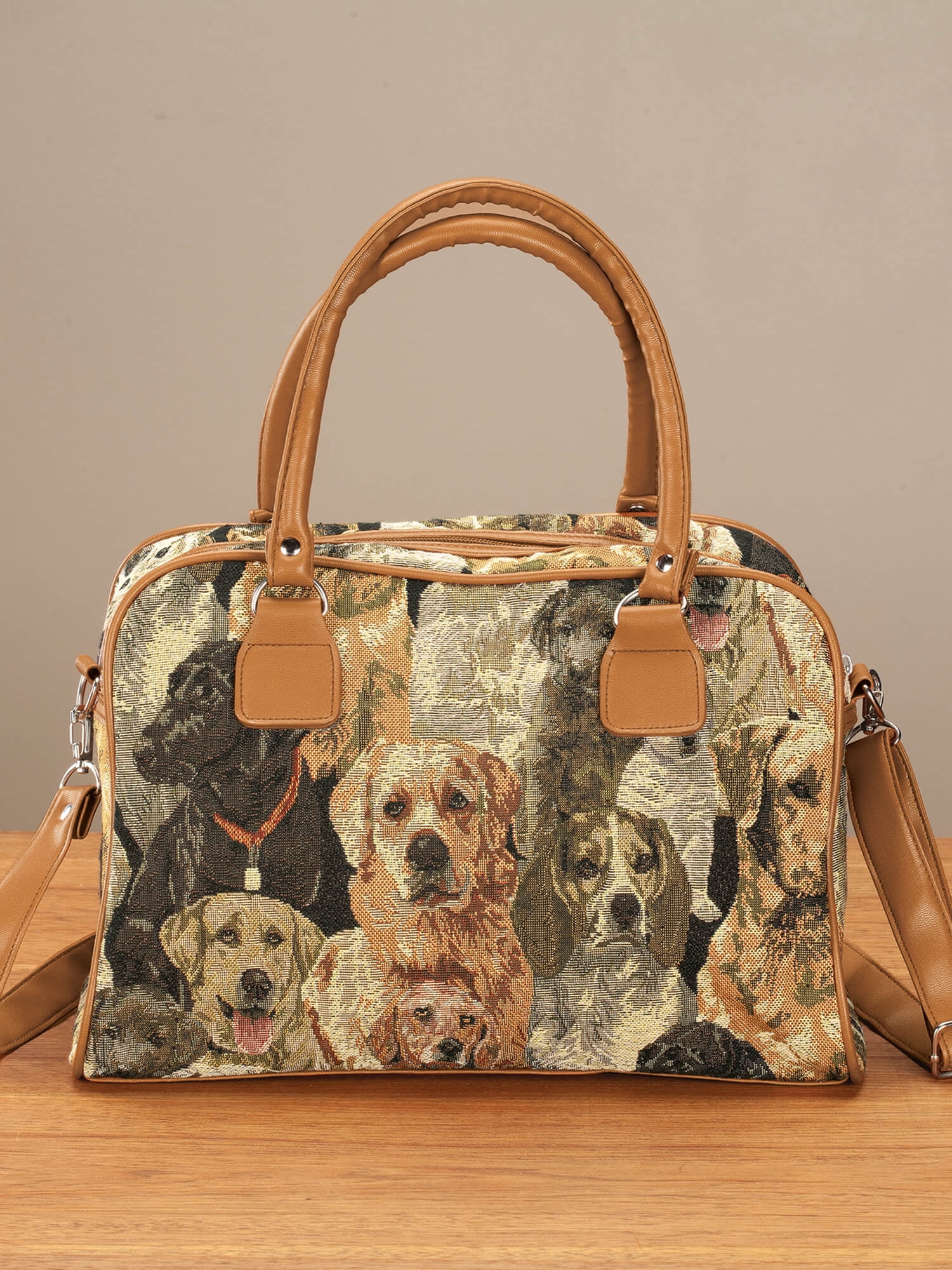 Animal Tapestry Barrel Handbag, Adjustable Straps, Zip Pocket and 2 Side Pockets, Silvetone Hardware - Measures 11" Wide x 8 3/4" High with 5 1/4" Gusset, Dog Design