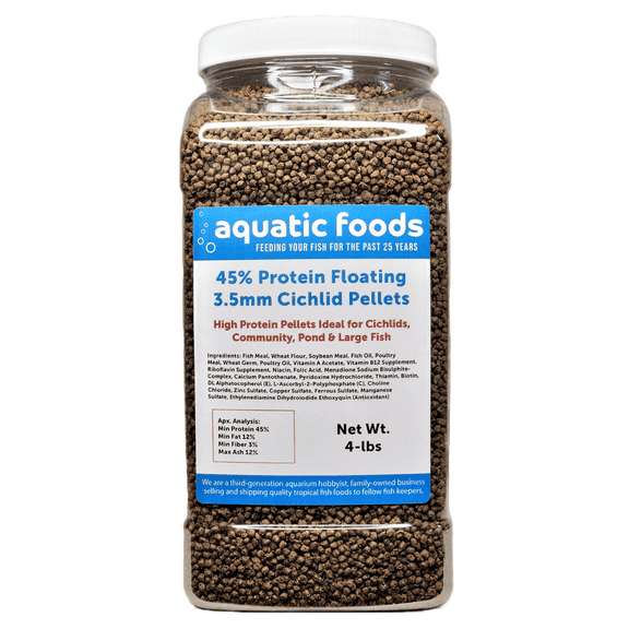 Cichlid Pellets, 45% Protein Floating 3.5mm ( 9/64") Pellets for Discus,Oscars, Central American, South American Cichlids…4-lb Lg Jar