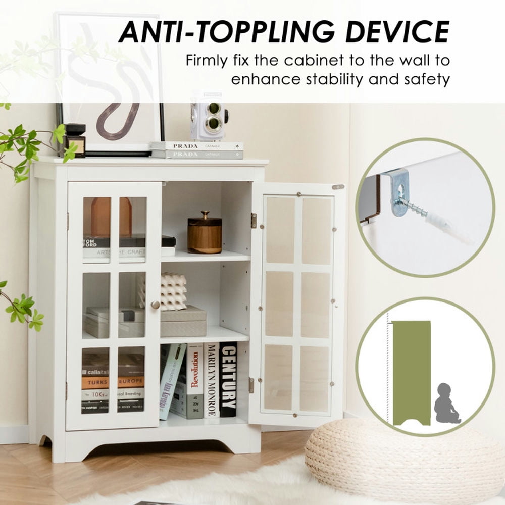 Finihen Storage Cabinet, Floor Cabinet, Freestanding Display Storage Cabinet with 2 Glass Doors and Adjustable Shelves, for Bathroom, Living Room, Bedroom, Kitchen, White