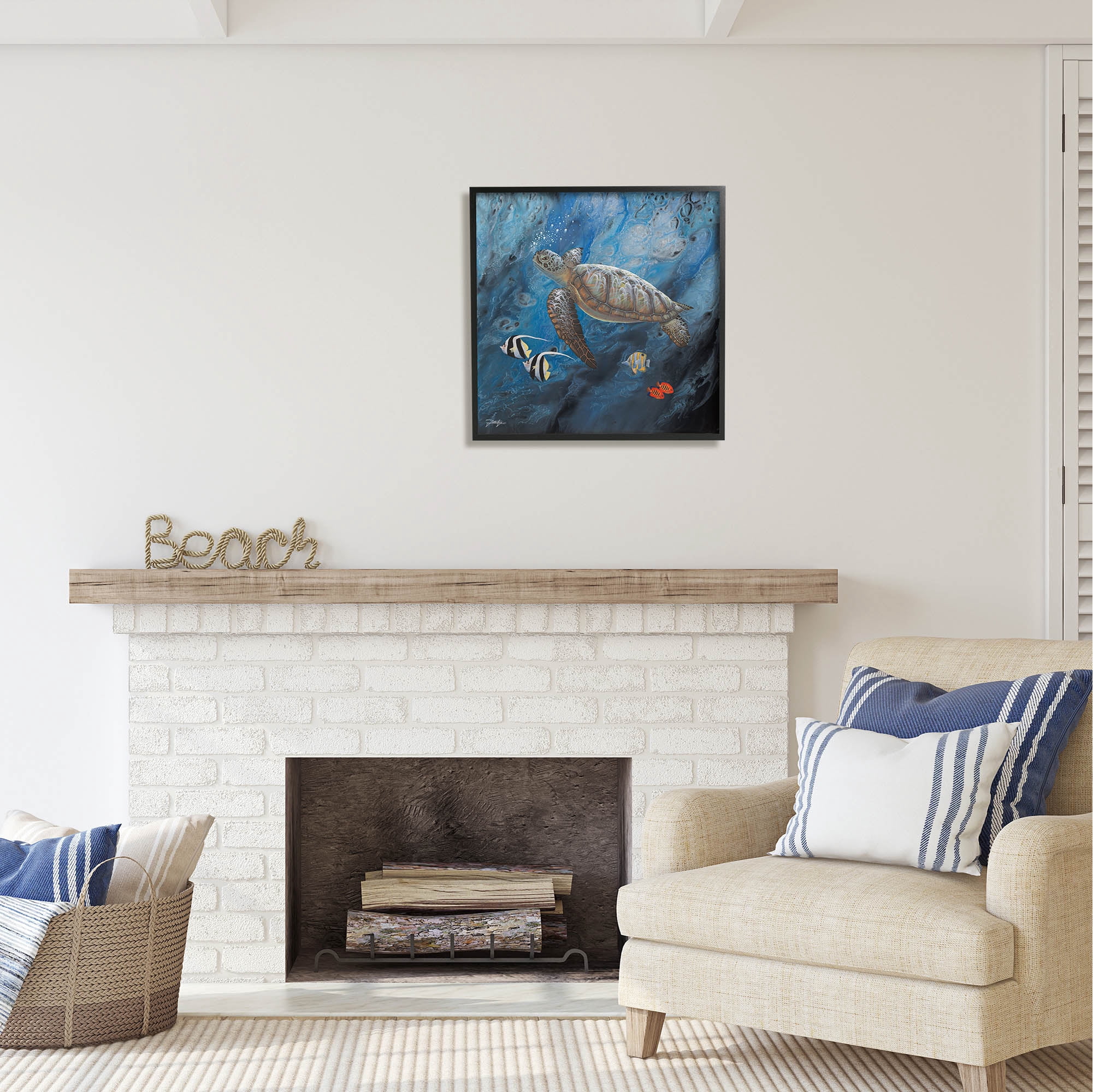 Stupell Industries Turtle Sea Life Underwater Ripples Coastal Painting Black Framed Art Print Wall Art