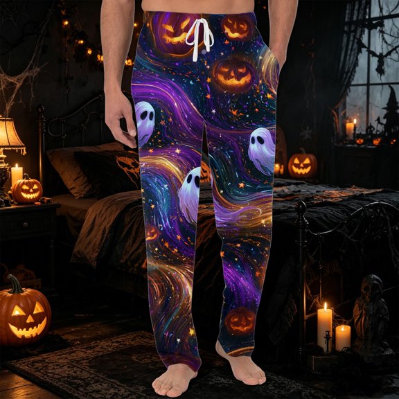 GrmtClth Men's Halloween Pajamas Pants Funny Novelty Sleep Lounge Pants Witch Pumpkin Ghost Face Print Relaxed Fit Night Pants for 2026 Halloween with Pocket Light Purple S