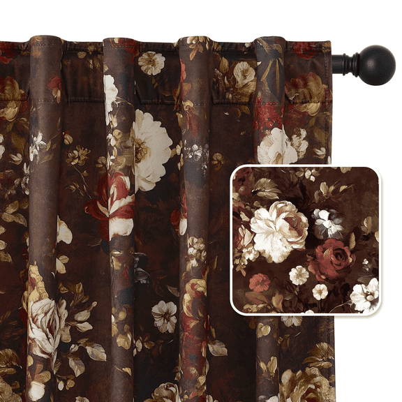 StangH Floral Brown Curtains 96 inches Long, Super Soft Velvet Drapes with Print Patterned Light Filtering Blossom Painting Design for Living Dining Room, W52 x L96, 2 Panels