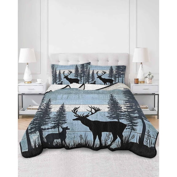 Quilts King Size, Farmhouse Deer Soft Comforter Bedding Set for Bed, Vintage Country Forest Mountain Wooden Lightweight Quilted Bedspread with Pillow Cover(2 Pieces) for All Season, 96x106 Inch
