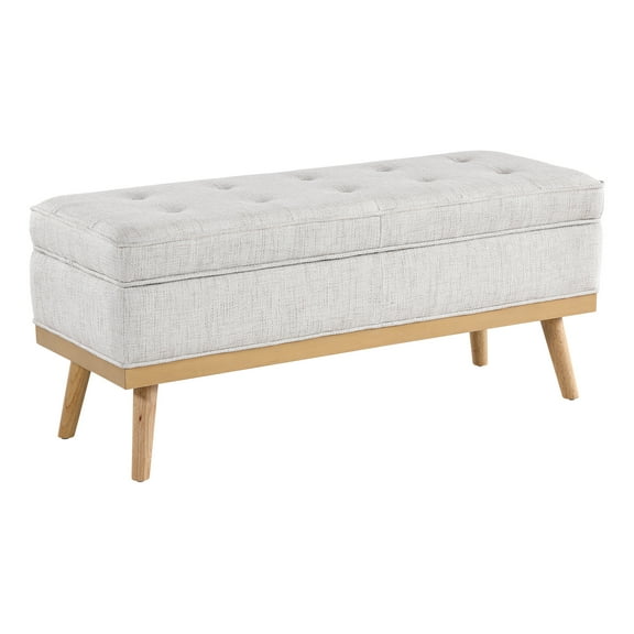 Katheryn Storage Bench in Linen White Fabric with National Wood Legs