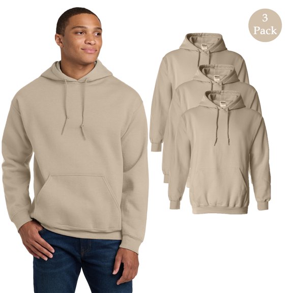 Gildan Heavy Blend Hooded Sweatshirt for Men, Long Sleeve Fleece Pullover Sand Hoodie, 3-Pack S