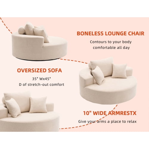 55" Oversized Round Swivel Chair, 360° Rotating Chenille Cotton Blend Accent Chair with High-Density Foam Cushion, Modern Comfy Seating for Living Room, Bedroom, Reading Nook – Beige