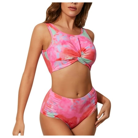 JDEFEG Bathing Suit with Skirt Pleated Vest Printing Digital Swimsuit Tie-Dye Women s -Waist Bikini Swimwears Set Swimwears Set Swimsuit Tops for Juniors Pink M