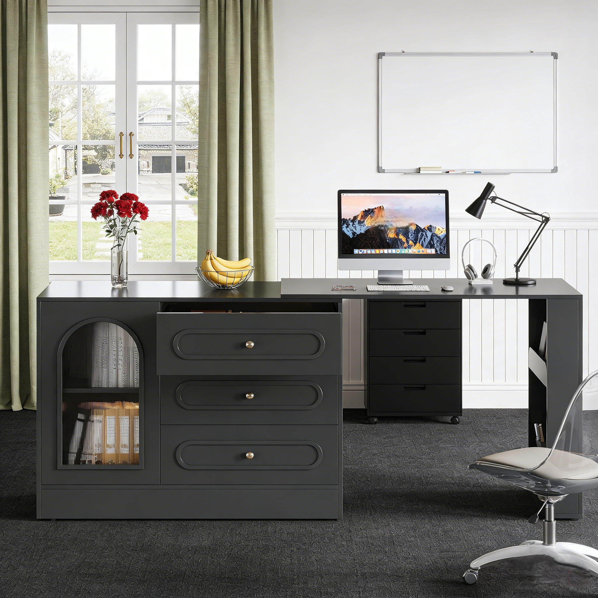 Fnova Rotatable L-Shaped Computer Desk with 3 Drawers, Cabinet, Reversible Corner Design with Adjustable Shelves, Home Office Workstation Writing Table for Bedroom