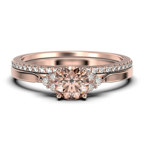 Dazzling Minimalist 1.75 Carat Round Cut, Affordable Morganite And Diamond Moissanite Engagement Ring, Wedding Ring, One Matching Band in 10k Solid Rose Gold, Gift For Her, Promise Ring