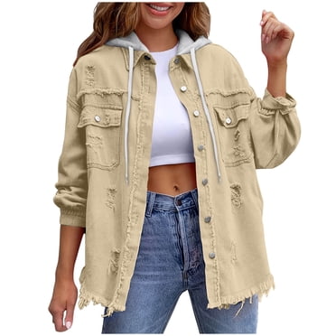 Fnooota Womens Denim Jackets, Loose Fit Long Sleeve Ripped Casual Womens Shackets Khaki Size S-2XL