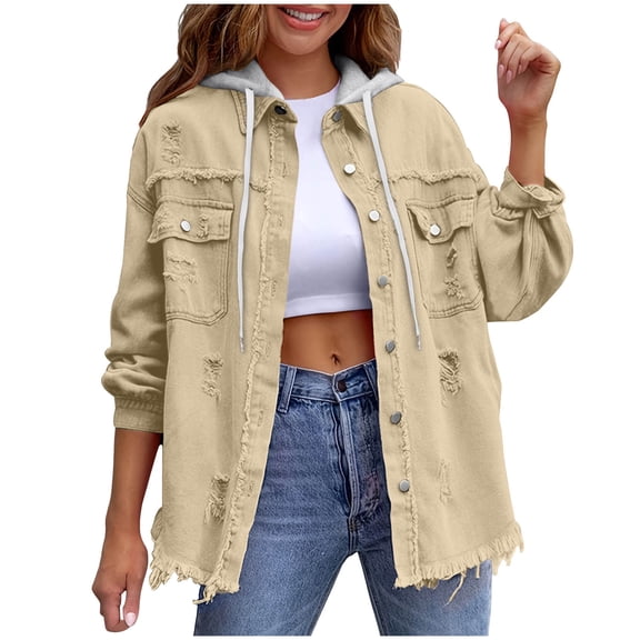Fnooota Womens Denim Jackets, Loose Fit Long Sleeve Ripped Casual Womens Shackets Khaki Size S-2XL