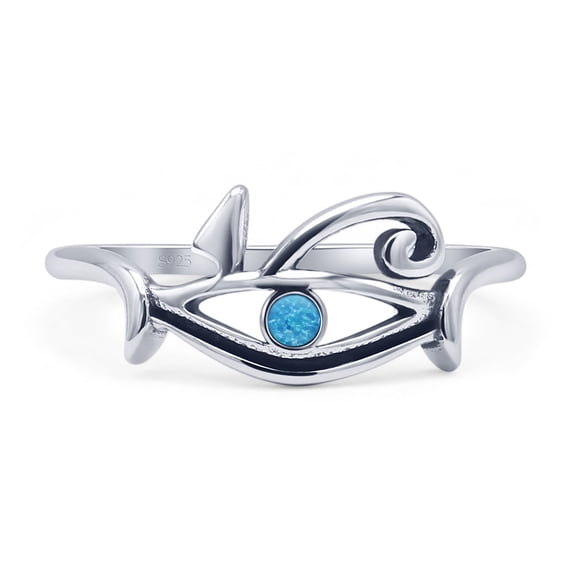 Round Eye Of Horus Oxidized Ring Lab Created Blue Opal 925 Sterling Silver Size 8