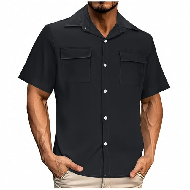 Tee-shirts Noirs Coupe Ample pour Homme Hiver Automne Manches Courtes Col Roulé Cardigan Médiéval Renaissance Paysanne Basique Steampunk Hauts Chemises Homme Boutonné 2025 TTG