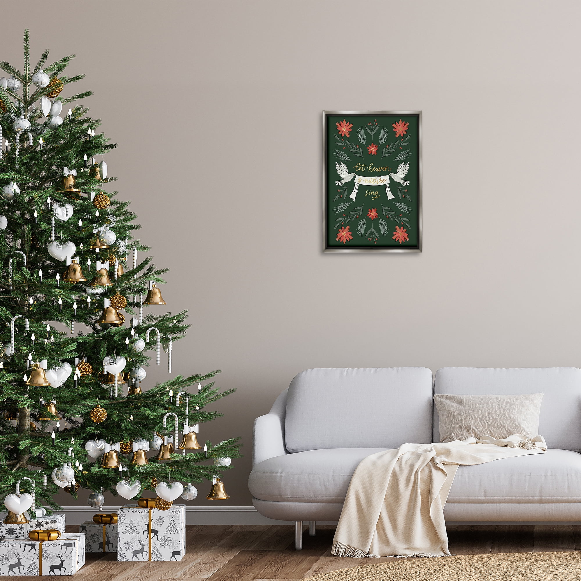 Stupell Industries Xmas Let Heaven Sing Holiday Painting Gray Floater Framed Canvas Art Prints Wall Art, 17 x 25