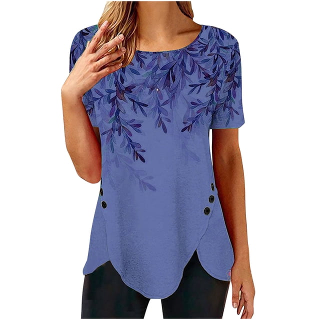 Summer Tops for Women Clearance-Sale Short Sleeve Plus Size Solid Color Lace Buttons Blouse Round Neck Basic Loose Fit Tunic Formal Daily Ladies Softy Work Tops Purple,XL