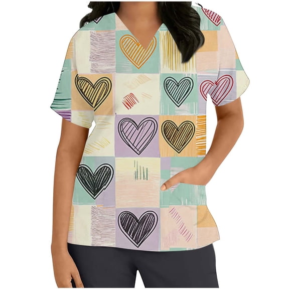 Ruimatai Women's Casual V-Neck Printed Short Sleeve Top with Pocket Comfortable Stretchy Blouse for Work and Home