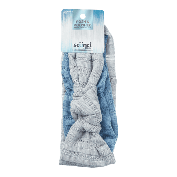 Scunci Posh & Polished Textured Fabric Headwraps, Blue & Gray, 2-Pieces