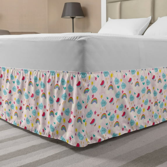 Unicorn Bed Skirt, Theme of Clouds Rainbows Stars Print, Elastic Bedskirt Dust Ruffle Wrap Around for Bedding Decor, 4 Sizes, Baby Pink Multicolor, by Ambesonne