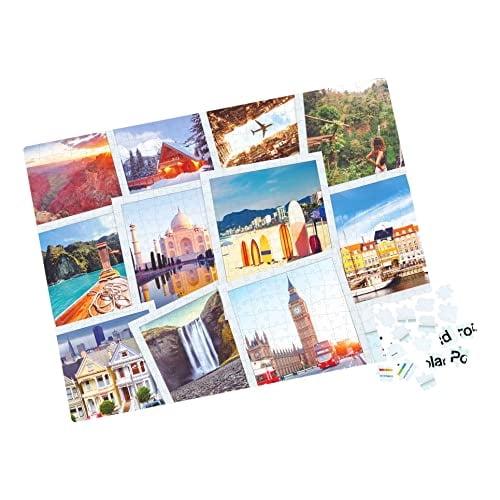 polaroid, 500 piezas sweet treats jigsaw puzzle en contenedor de lata 3d cool vintage retr spin master spin master games Rompecabezas de 500 piezas con diseño tipo Polaroid: collage de fotos de paisajes y ciudades (playa con tablas de surf, cascada, Taj Mahal, Big Ben, casas coloridas, montaña y cabaña) sobre fondo blanco; piezas sueltas visibles en la esquina derecha.