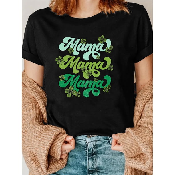 St. Patrick's Day "Mama" Four-Leaf Clover Print T-Shirt - Crew Neck, Casual Everyday Top with Shamrock Graphics
