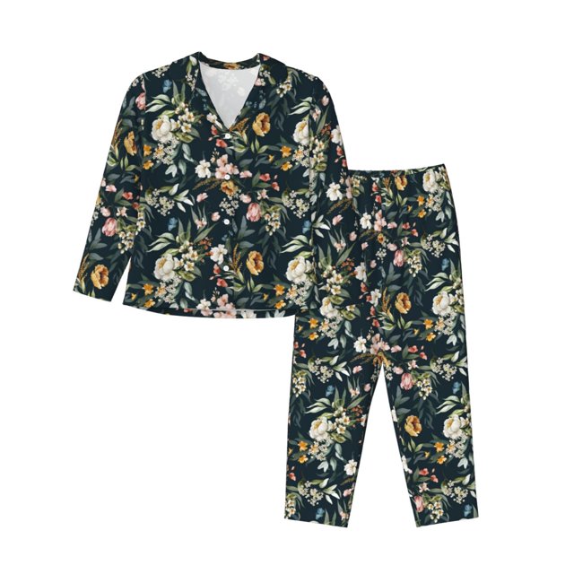 Balery Watercolor Floral Conjunto de Pijama con Estampado para Mujer, Conjunto de Dos Piezas con Manga Larga, Ropa de Dormir Suave con Bolsillos, Pijamas Cómodos-Medium