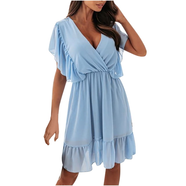 Knee Length Evening Dress Flutter Sleeve Wrap Dress for Women Elastic Waist V Neck Sundress Solid Color Ruffle Hem Flowy Dresses Knee Length