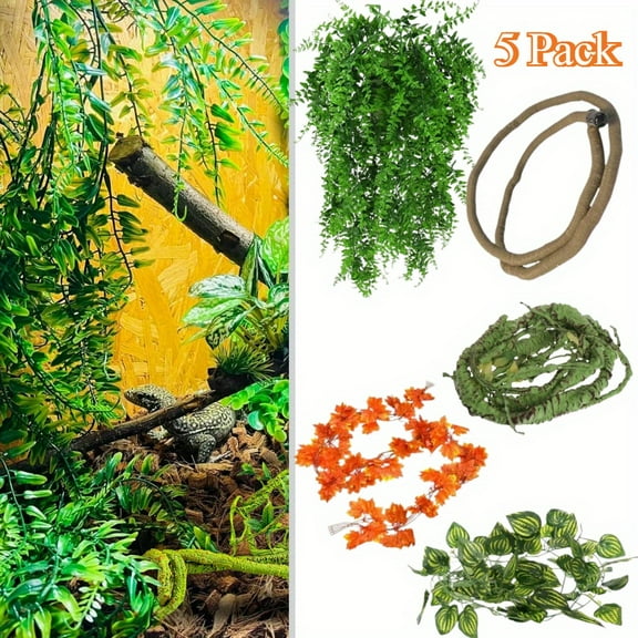 Terrarium Vines for Reptiles, Flexible Jungle Climbing Plants with Leaves, Tank Decor for Bearded Dragons, Snakes, Geckos and Lizards